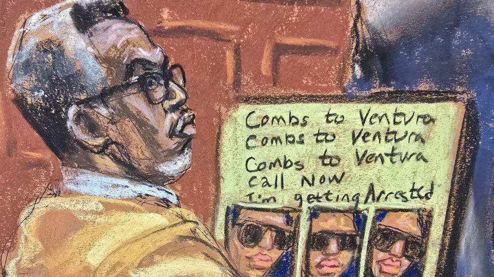 A sketch of Mr Combs listening in court while Ms Ventura testifies