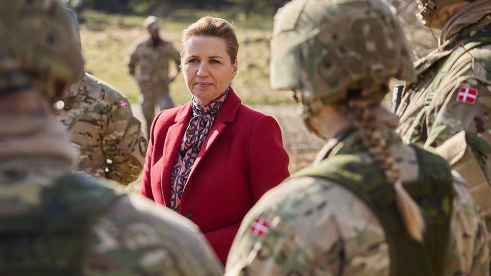 Danish Prime Minister Mette Frederiksen meets conscripts during a visit to Denmark's largest military workplace, Flyvestation Karup (Air Base Karup) in Jutland, Denmark, 07 March 2024