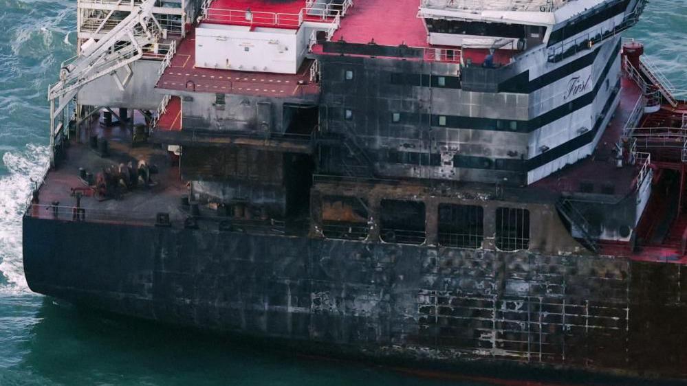 The burnt wreckage of the Stena Immaculate 