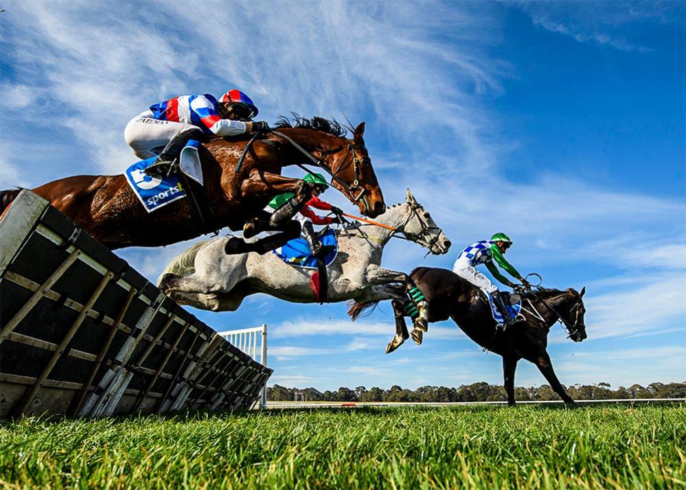 Tom Ryan riding Noonday Gun, jumps the last hurdle before winning the Sportsbet Feed Hurdle during Melbourne Racing at Sandown in Melbourne, Australia. Photo by Vince Caligiuri