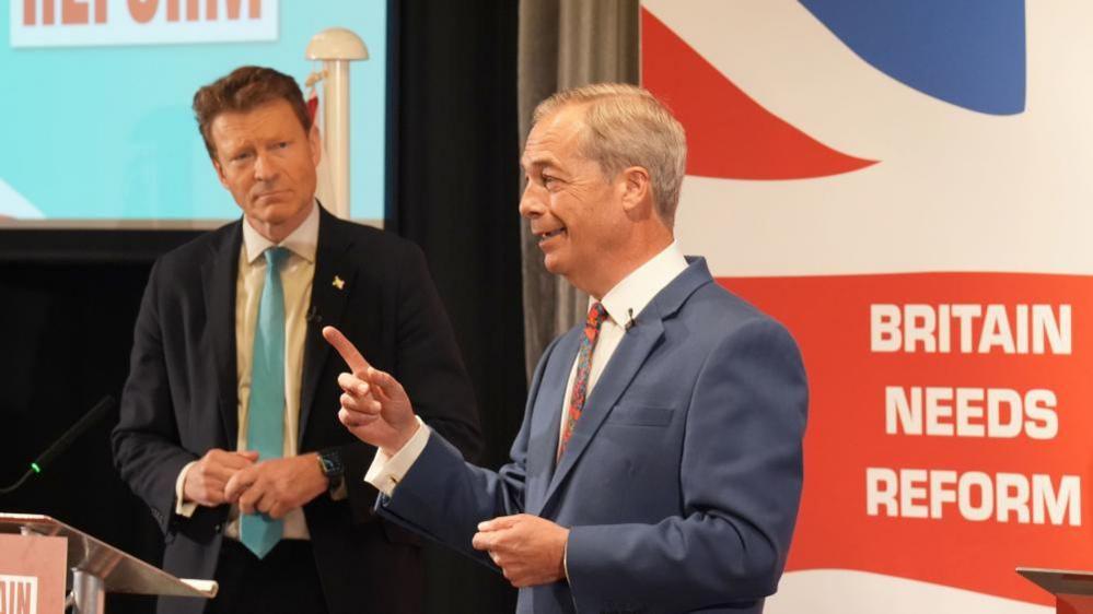 Nigel Farage and Richard Tice address Reform UK supporters