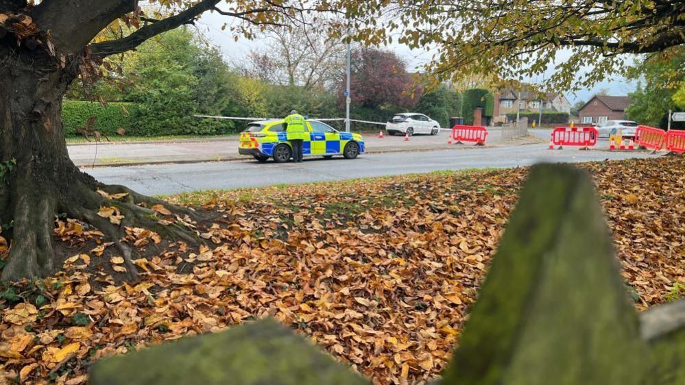 A police car, with a policeman standing by the side, in a road that has been cordoned off. The cordon is in the distance, with leaves in front. The cordon shows red fencing and cones.