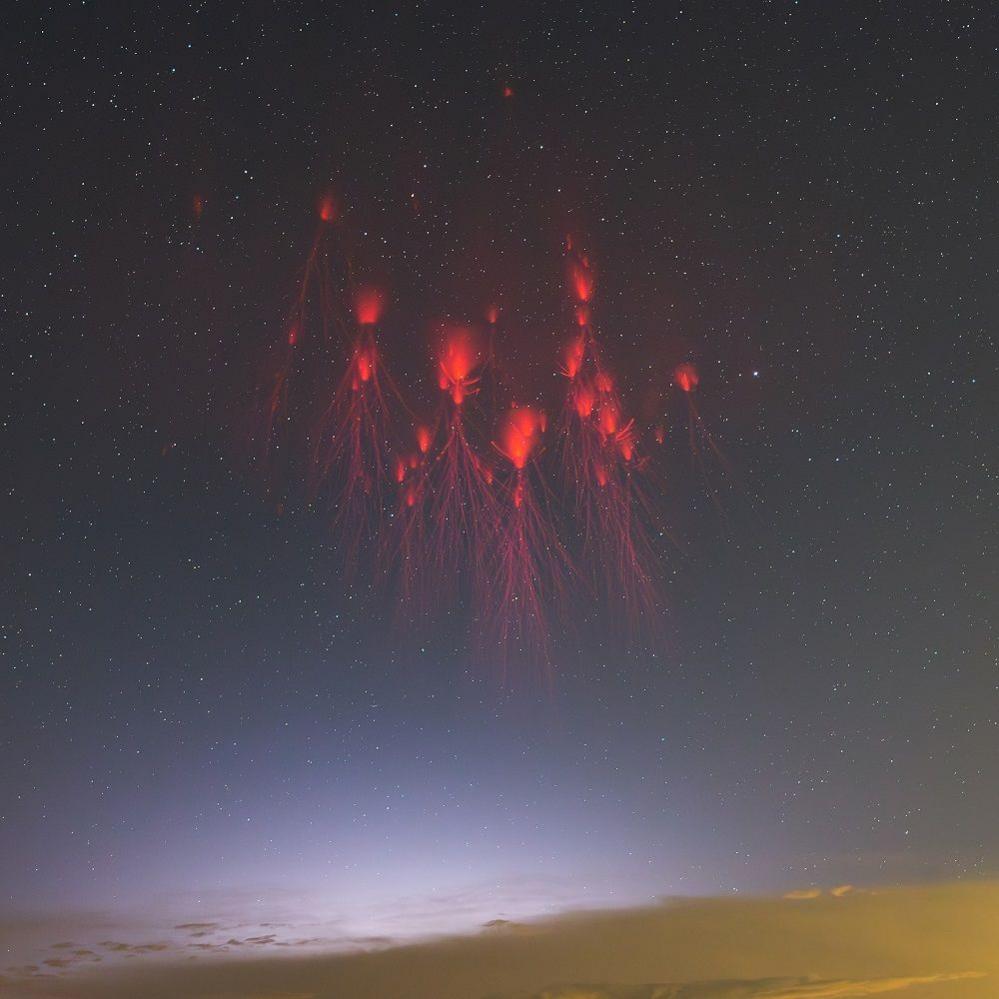 red sprite lightning in the sky. 