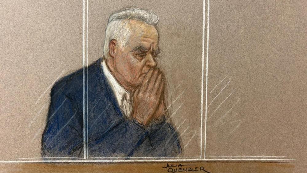 Sketch of Huw Edwards at Westminster Magistrates' Court sentencing hearing on 16 Septmebr 2024 by Julia Quenzler