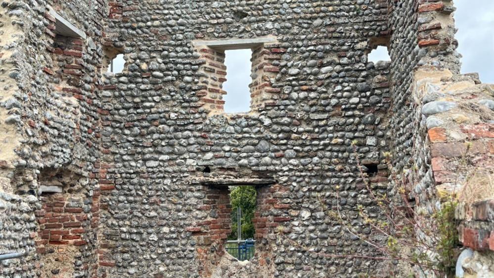 North-west corner tower of Baconsthorpe Castle showing one decaying oak lintel and three apertures with concrete lintels as replacements