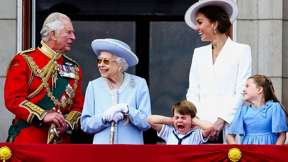 Britain's Queen Elizabeth, Prince Charles and Catherine, Duchess of Cambridge, along with Princess Charlotte and Prince Louis appear on the balcony of Buckingham Palace as part of Trooping the Colour parade during the Queen's Platinum Jubilee celebrations in London, Britain, 2 June 2022