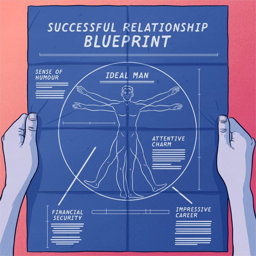 Illustration of a blue print showing an ideal man