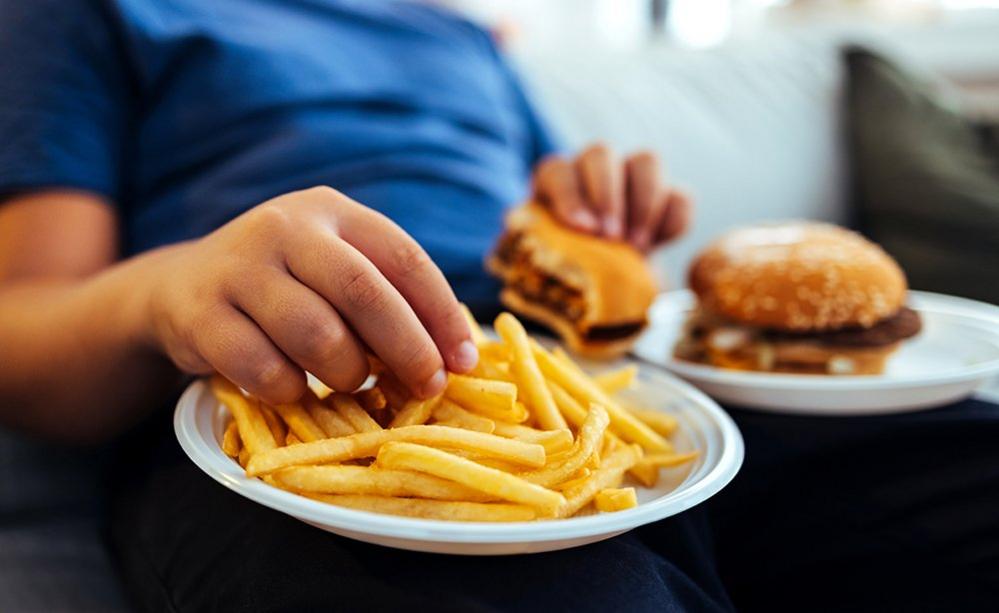 Anonymous child eating burger and chips at home