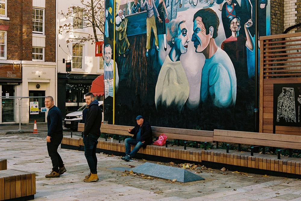 A view of the the newly restored Fitzrovia mural on Tottenham Court Road