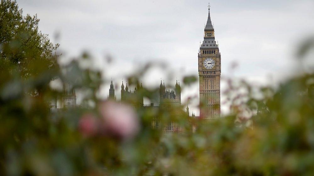 Big Ben pictured behind out of focus flowers in London in 2017