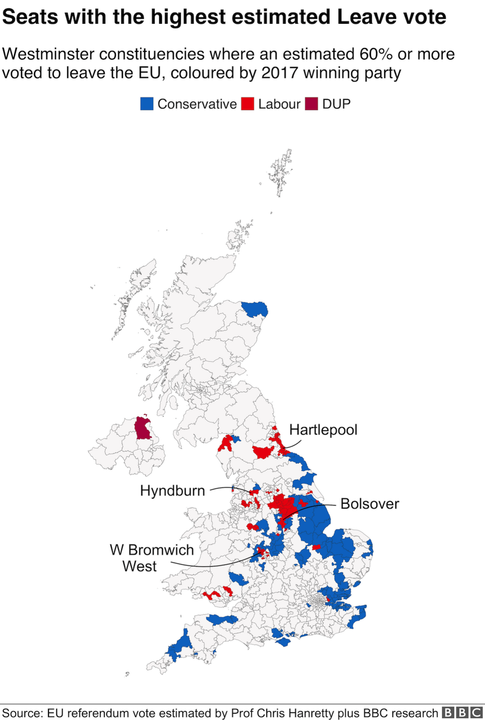 Seats with the highest estimated Leave vote