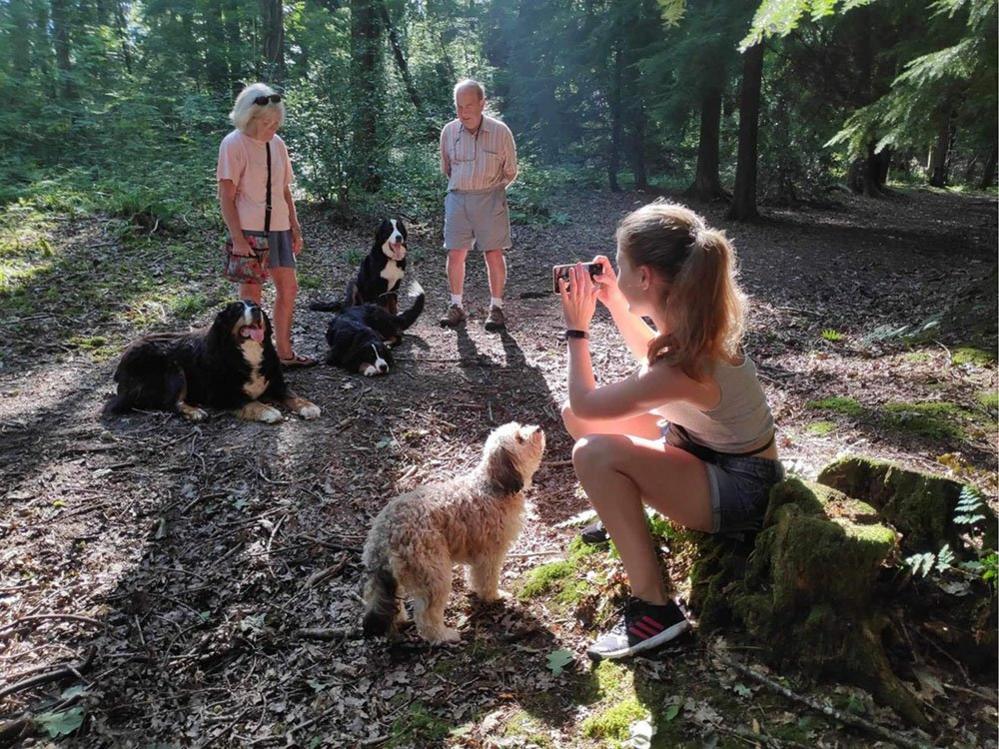 People posing with their dogs