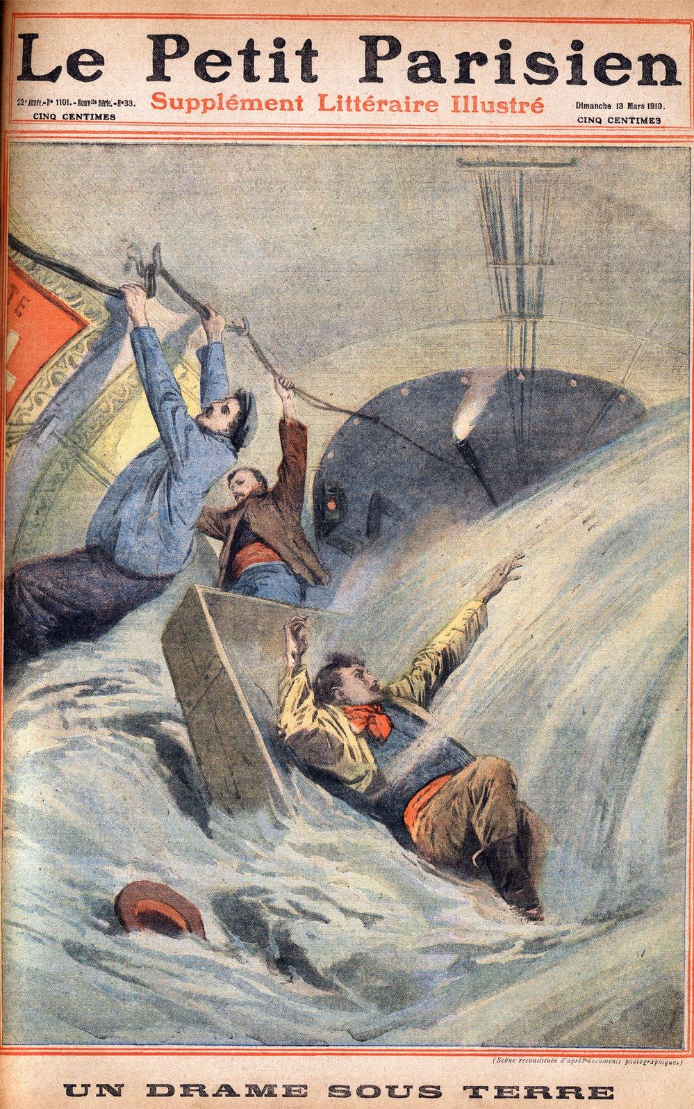 newspaper cover with cartoon of men crashing through underground tunnel through waves of water