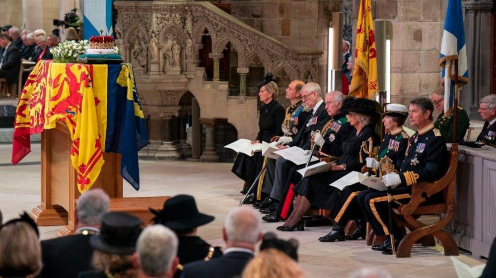 The Countess of Wessex, the Earl of Wessex, the Duke of York, King Charles III, the Queen Consort, the Princess Royal and Vice Admiral Sir Tim Laurence