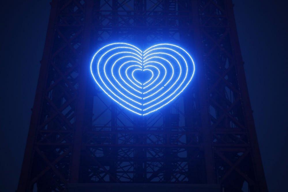 Blackpool Tower with lights arranged in a blue heart