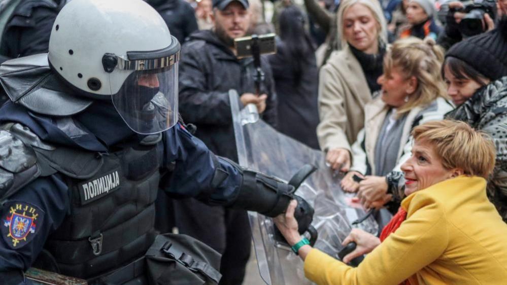 Scuffles break out during a demonstration in Novi Sad in Serbia over the deaths of 15 people in a station collapse