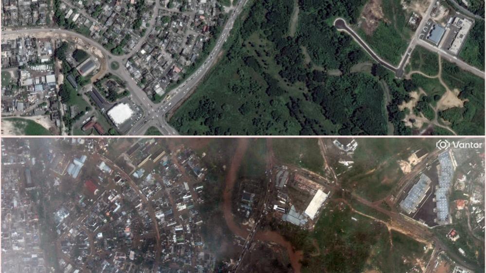 Side by side satellite images showing before and after hurricane damage. The top image shows a densely built area surrounded by green vegetation, roads, and buildings with clear rooftops. The bottom image, shows widespread flooding and destruction with muddy brown water covering streets, vegetation flattened and rooftops obscured by debris.