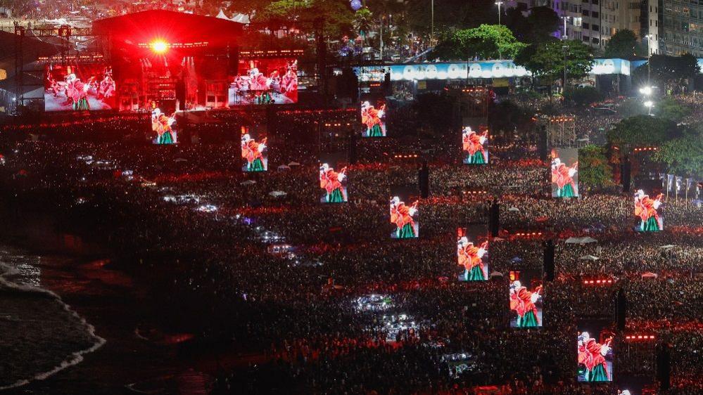 Crowds watching Lady Gaga performing during a free mega concert at Copacabana beach in Rio de Janeiro, Brazil, on 3 May 2025
