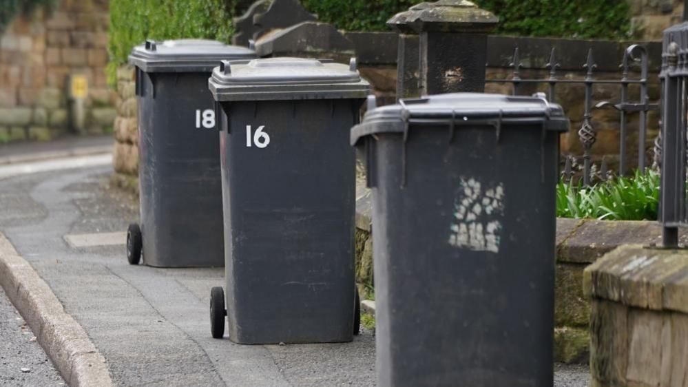 Three black bins positioned outside three properties on a street ready to be collected and emptied. 