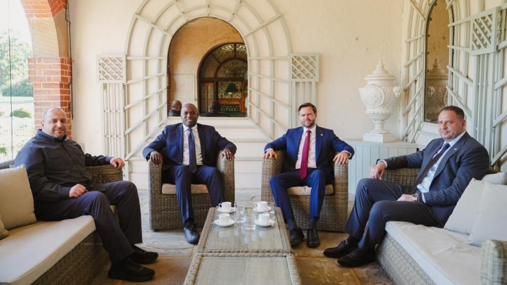 From left to right: Secretary of the National Security and Defence Council of Ukraine, UK Foreign Secretary David Lammy, US Vice-President JD Vance and Andriy Yermak, Zelensky's chief of staff