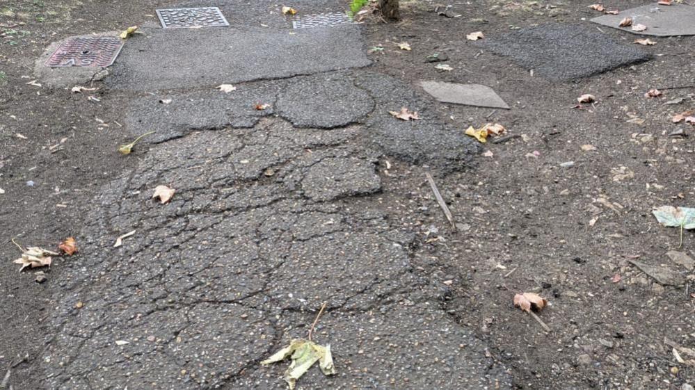 A cracked pavement in Bretton, Peterborough.