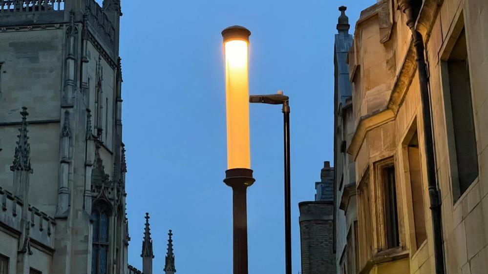 A lamp lit up against the evening sky. It is tall and thin and there are ornate university buildings on either side