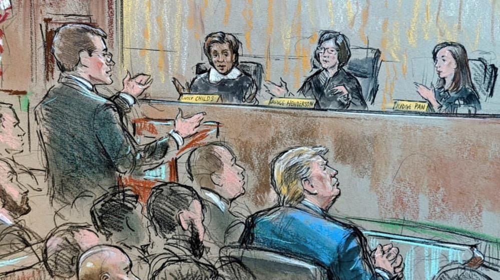 Courtroom sketch depicts Dean John Sauer speaking during an appeals hearing attended by Trump