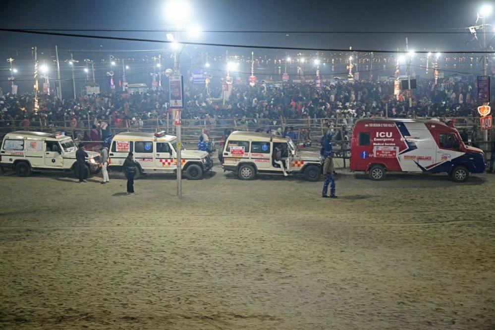 Ambulance arrive near the site of a stampede at the Maha Kumbh Mela festival