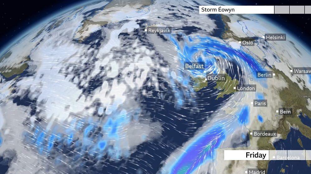 Met Office picture showing the top of the globe, and the weather system over the UK on Friday. A number of cities are labelled, including Belfast, Dublin and London.