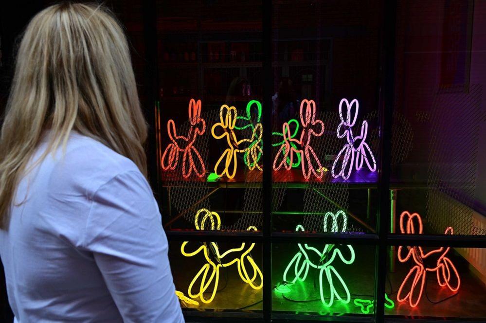 A woman stands in front of a large glass window with a number of neon dogs of different colours beside each other. 