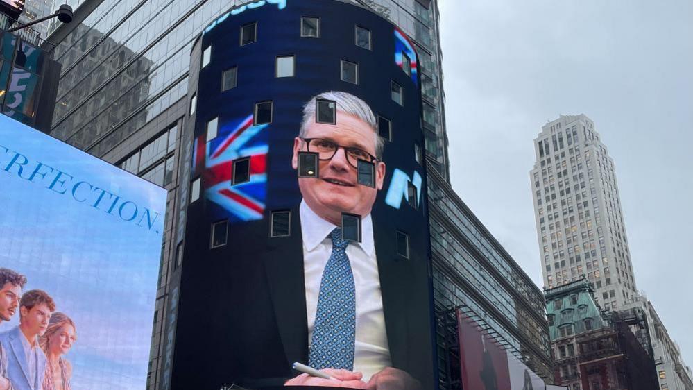 The Prime Minister's image was projected onto the NASDAQ screen in Times Square, New York, ahead of his visit 