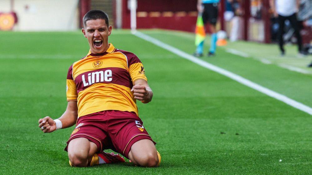 Martin Moormann celebrates the opening goal at Fir Park