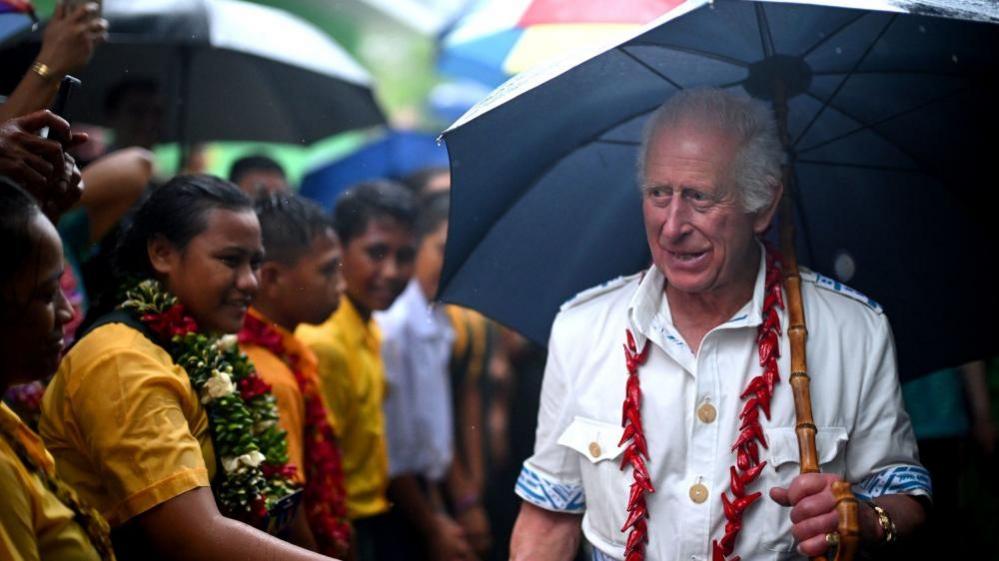 King Charles III during a visit to O Le Pupu'Pue National Park, Sa'agafou on the island of Upolu, to meet local villagers and community groups involved in the reforestation efforts on day five of the royal visit to Australia and Samoa.