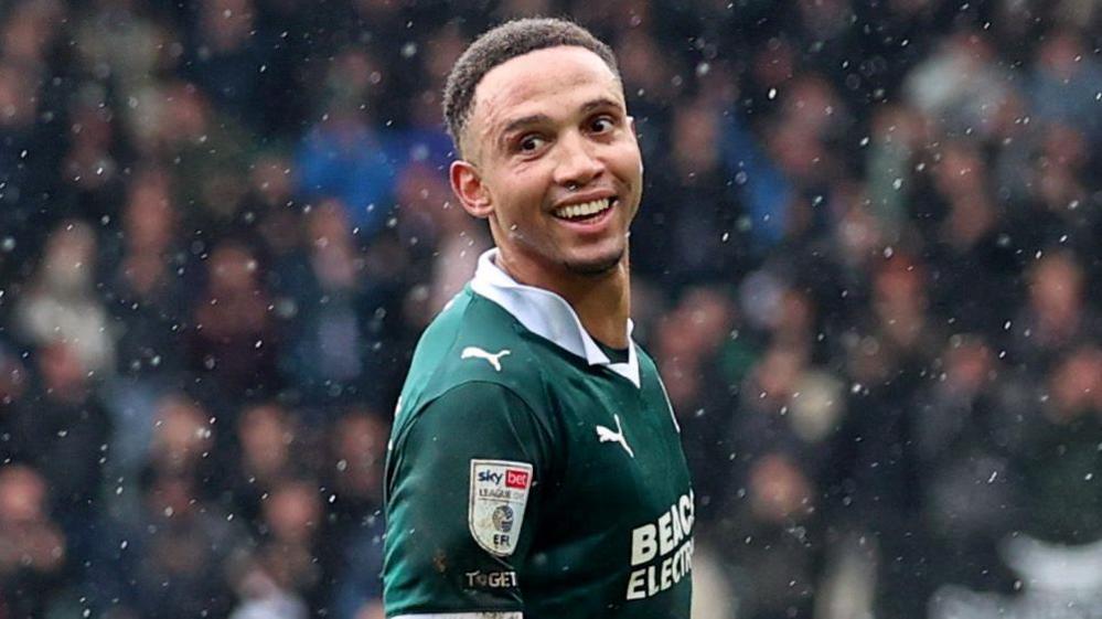 Brendan Galloway celebrates scoring for Plymouth Argyle