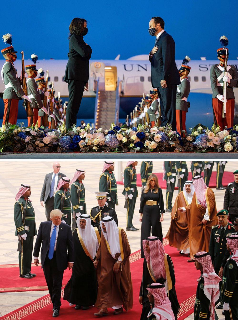 Composite image shows Guatemala's Minister of Foreign Affairs Pedro Brolo welcoming Kamala Harris to Guatemala City in 2021, and Saudi Arabia's King Salman bin Abdulaziz Al Saud welcoming Donald Trump to Riyadh in 2017