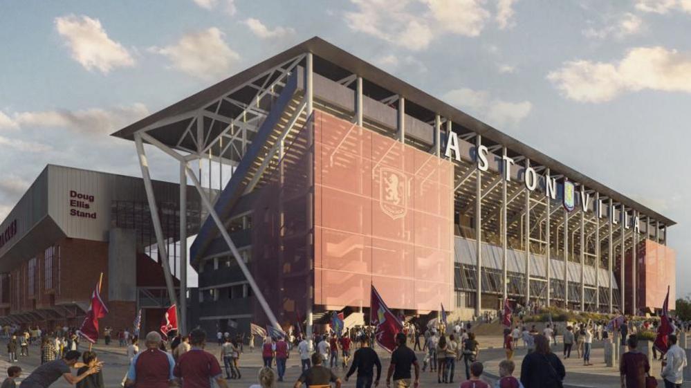 A visualisation of what the redevelopment of Villa Park's North Stand could look like in Birmingham, showing the exterior of the stand with lots of fans waiting outside. The stand says Aston Villa.