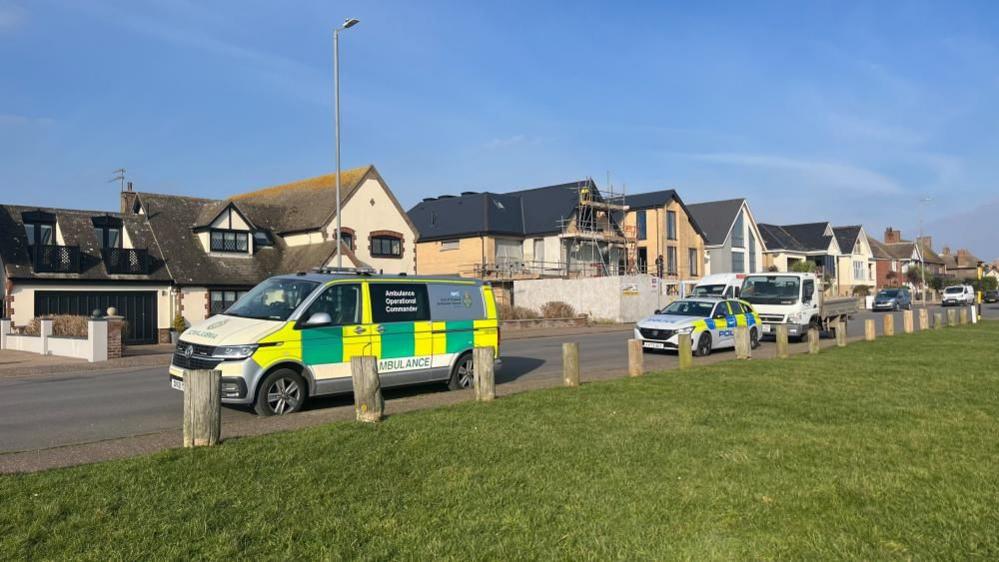 An ambulance incident command unit and police car are parked on Marine Parade in Gorleston. In the foreground is a grassed area, with wooden posts providing a boundary to the pavement. In the backdrop are several houses.