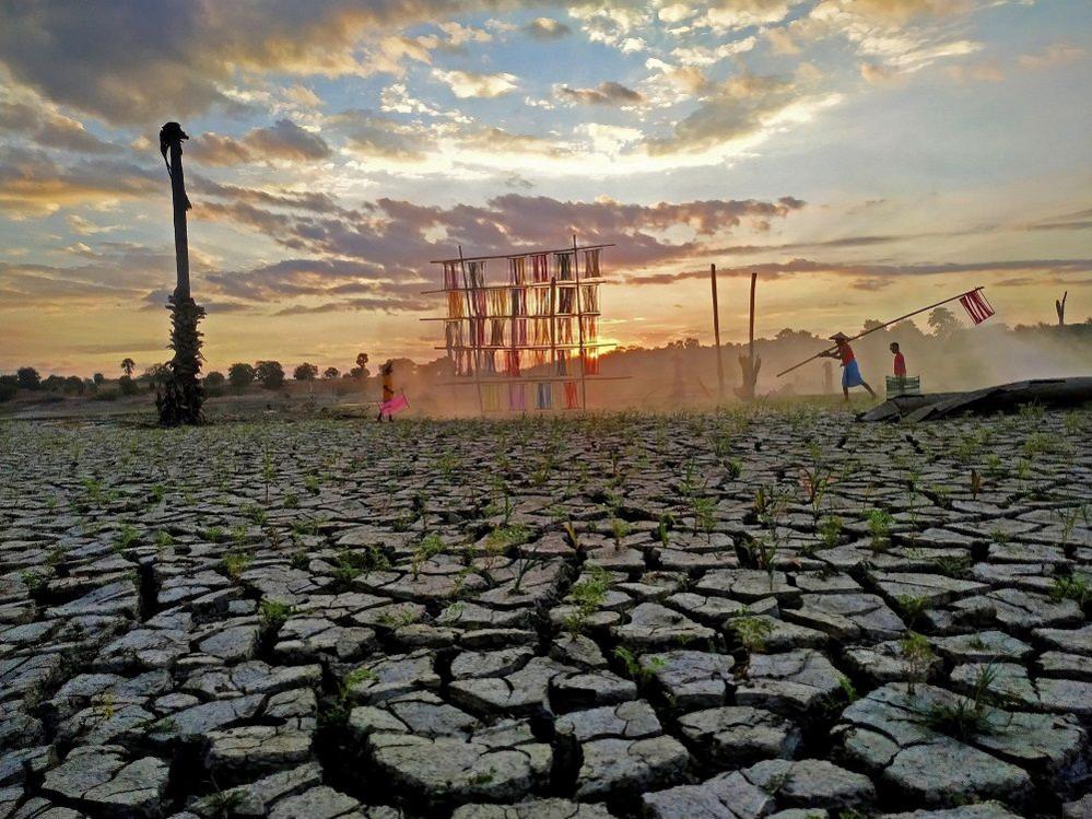 A family hangs dyed cotton cloth to dry as the sun rises in the background.