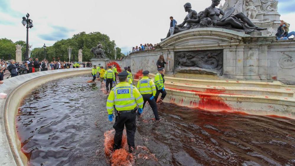 Police rushing to apprehend and arrest animal and climate activists, Animal Rebellion, after they dyed blood-red Buckingham Palace fountains