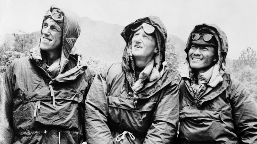 Sir Edmund Hilary (left) and Sherpa Tenzing Norgay (right) and expedition leader Colonel John Hunt (centre) 