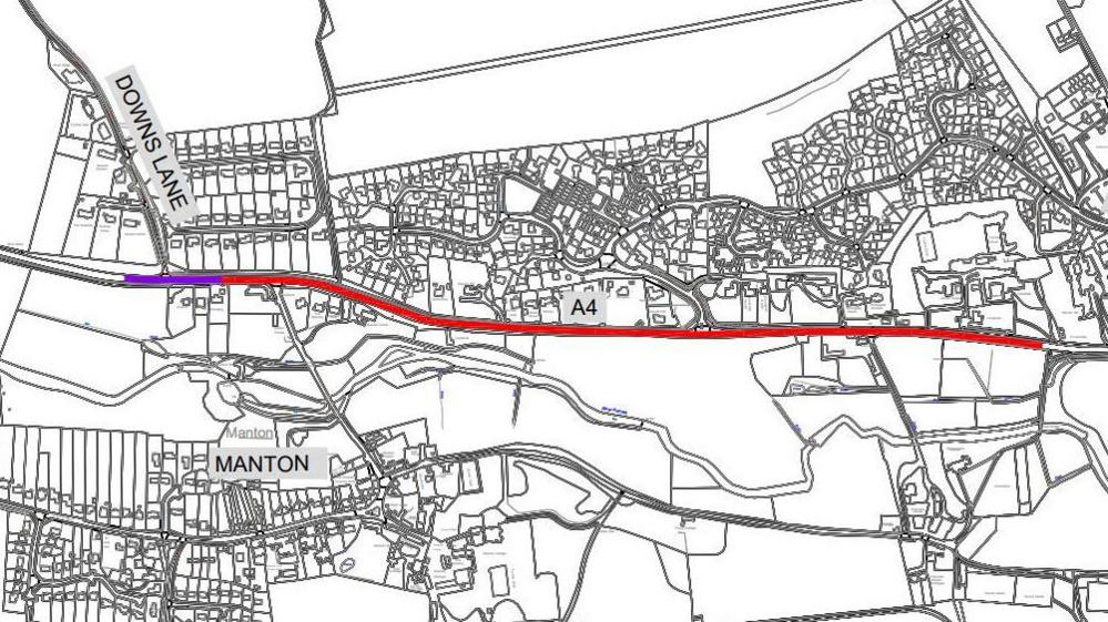 A line drawing of a map showing the A4 road running through Manton towards Marlborough. There is a small purple line on the left where the junction to Downs Lane is. This indicates where the previous 60mph zone was. The rest of the A4 road is coloured in red, indicating where the 40mph zone was.