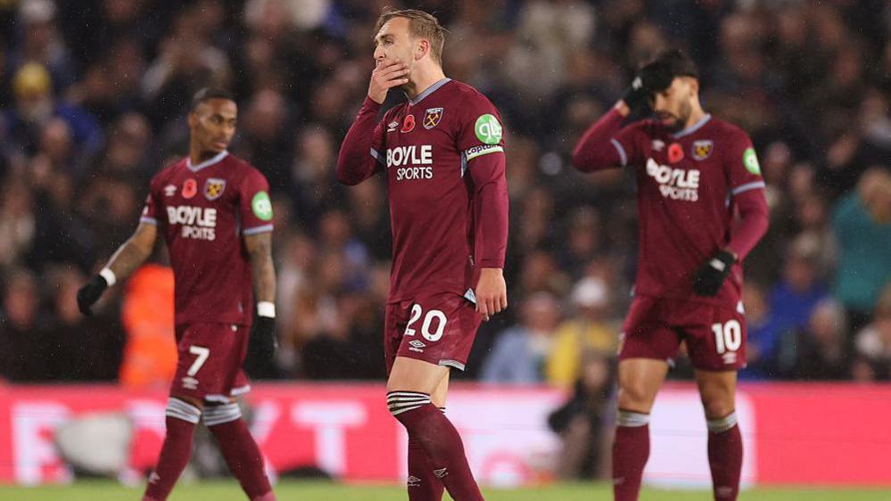 Jarrod Bowen of West Ham United reacts after his side concedes a second goal