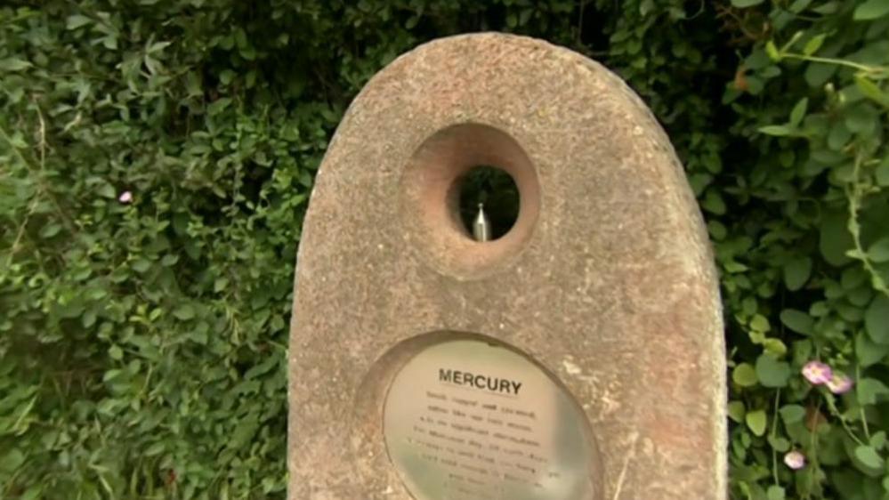 A to-scale model of Mercury along the walk, shown as a tiny sphere on top of a stone sign. 