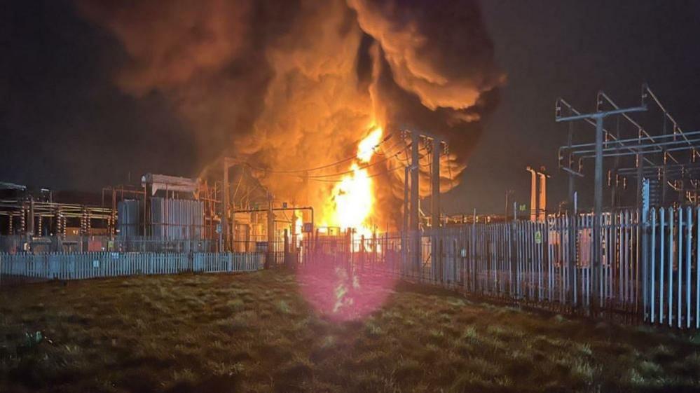 Handout photo supplied by London Fire Brigade showing a fire at Hayes electrical substation.