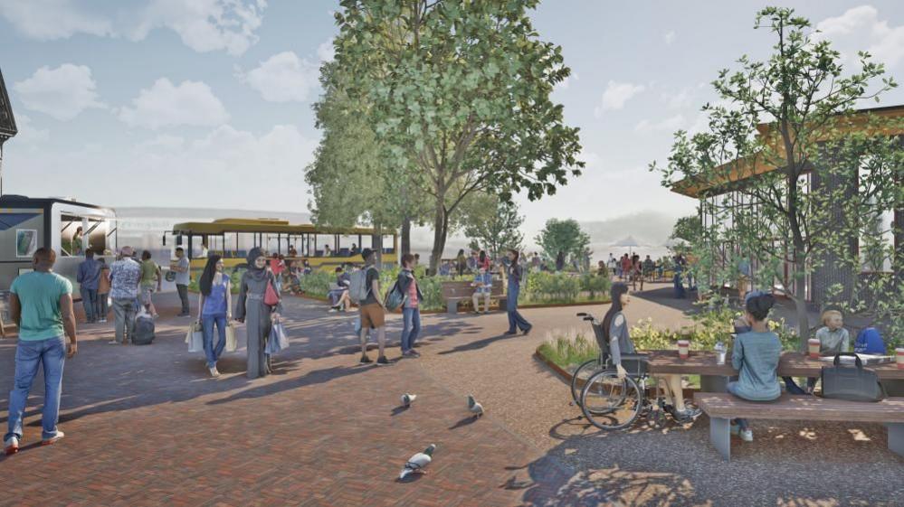 A digitally created image of a lot of people standing and sitting around in a town square. There are trees growing in the middle, a good truck and picnic tables. 