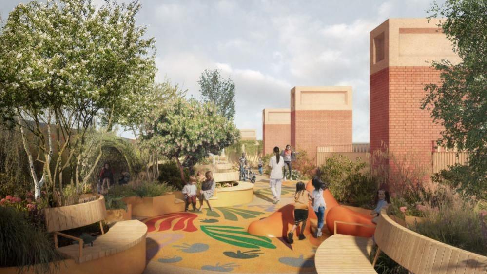 An artist's impression of a rooftop garden, with a colourful patterned flooring decorated with marine-inspired shapes, like jellyfish and seaweed. There are benches lining the path, and trees, flowers and plants behind them. A fence and brick blocks run along the right-hand side. Children are playing and walking around the area.