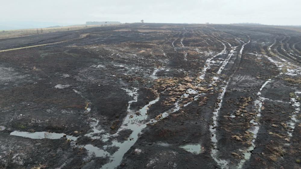 An aerial shot of mostly blackened moorland.