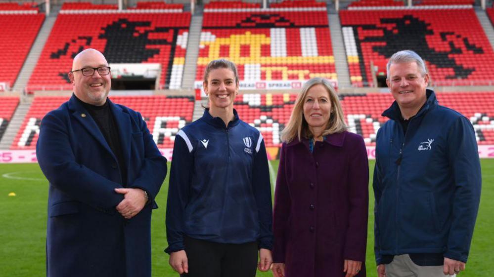(L-R) Sunderland City Council Leader Graeme Miller, Former England Rugby player Sarah Hunter, Sarah Massey managing director of the local operating company and Minister for Sport Stuart Andrew inside The Stadium of Light.