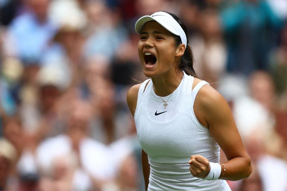 Emma Raducanu seen celebrating during her first-round win at Wimbledon 2024