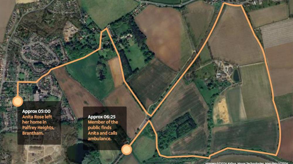 A map detailing the route Ms Rose took prior to being attacked in Brantham